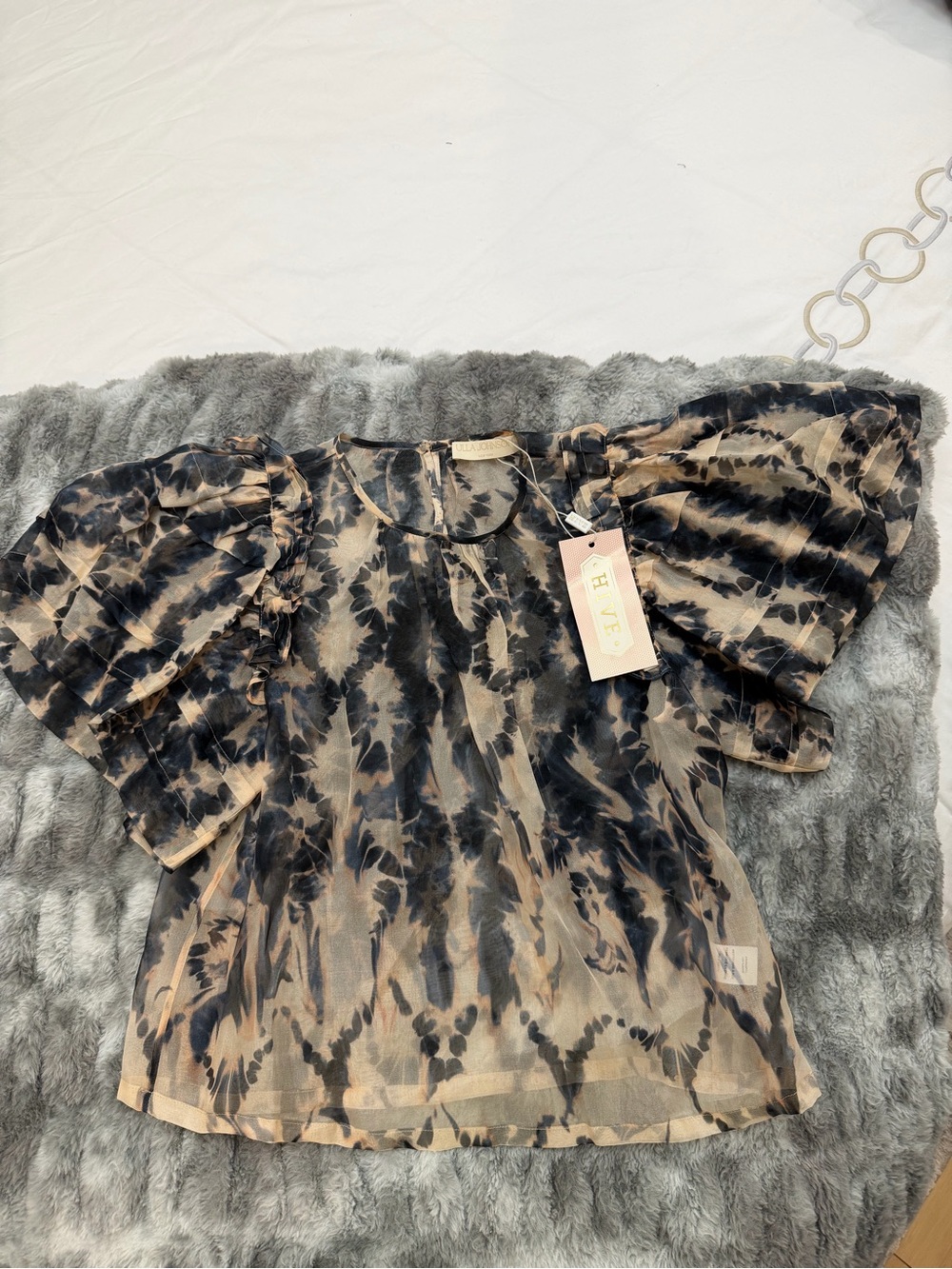 Ulla Johnson Black and Beige Tie-Dye Puff Sleeve Blouse